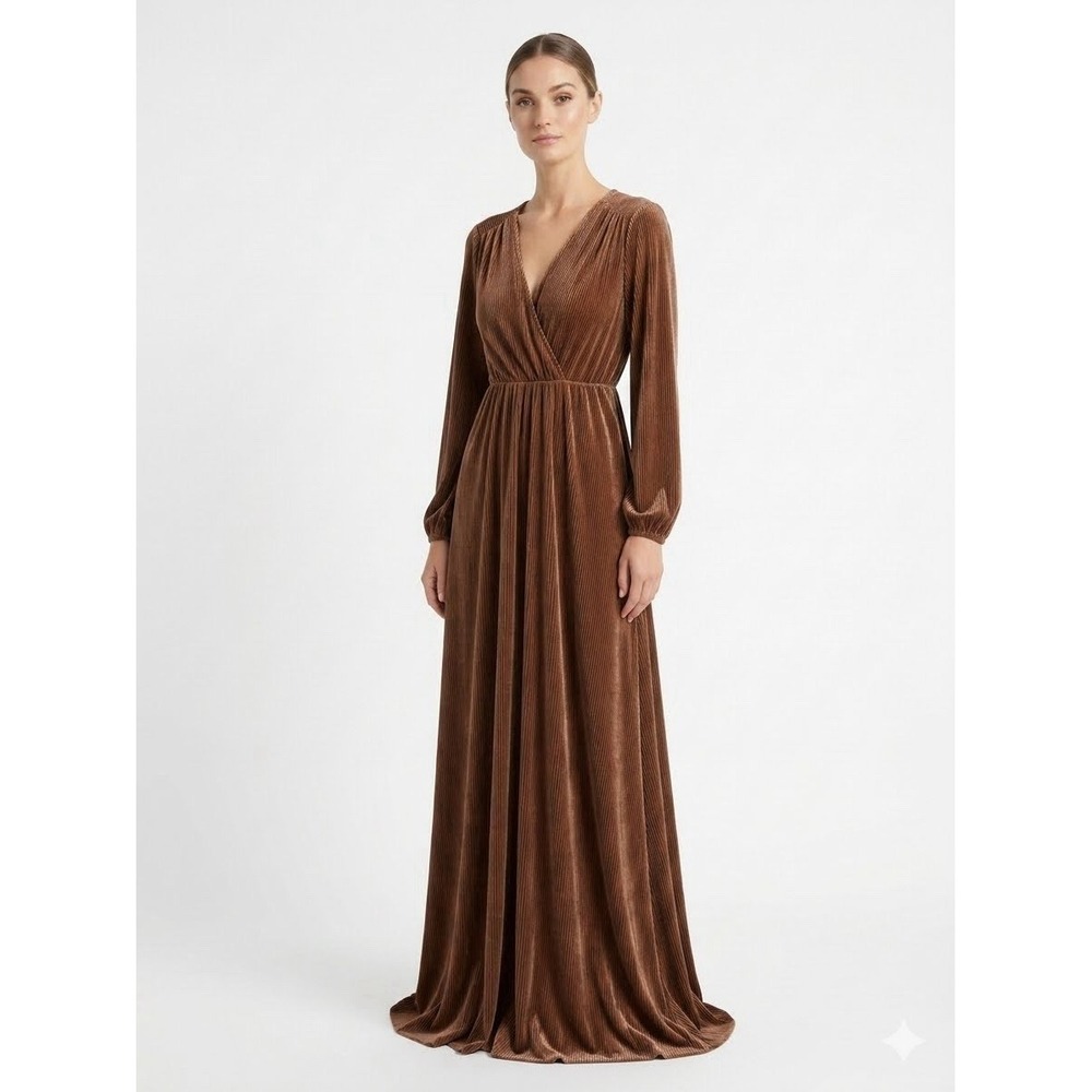 NWT Baltic Born Venus Pleated Bronze Maxi Dress Long Sleeve V Neck Formal XS